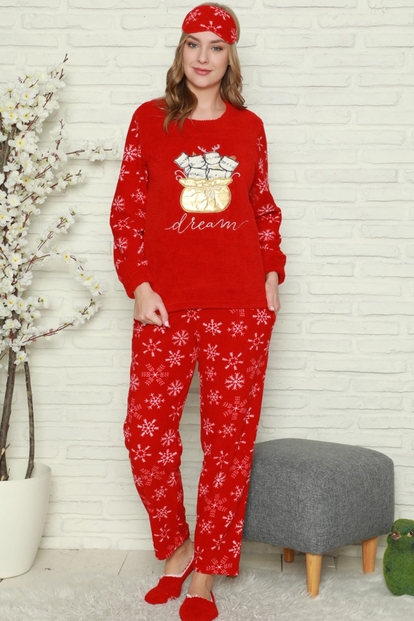 Yılbaşı Desenli Kadın Peluş Pijama Takımı - 2