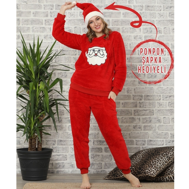 Yılbaşı Desenli Tam Peluş Pijama Takımı - 1