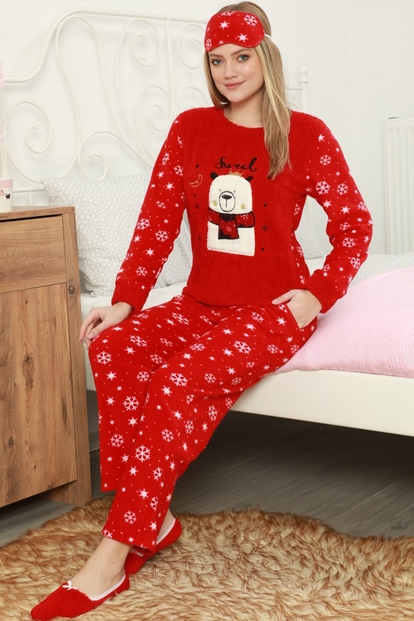 Yılbaşı Kartanesi Desenli Kadın Peluş Pijama Takımı - 1