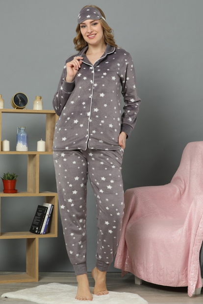 Yıldız Desenli Kadın Önden Düğmeli Yumoş Peluş Pijama Takımı - 1