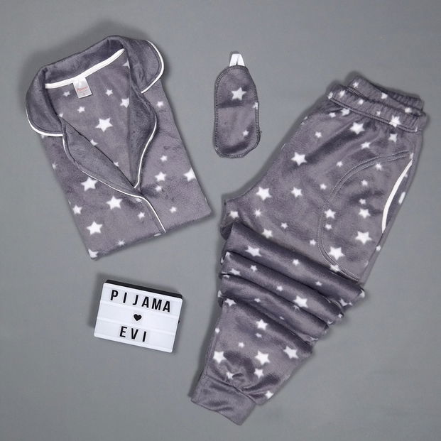Yıldız Desenli Kadın Önden Düğmeli Yumoş Peluş Pijama Takımı - 2