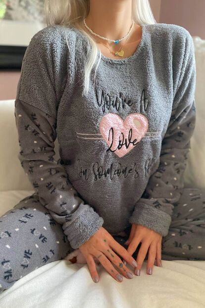 You are Love Desenli Kadın Peluş Polar Pijama Takımı - 3