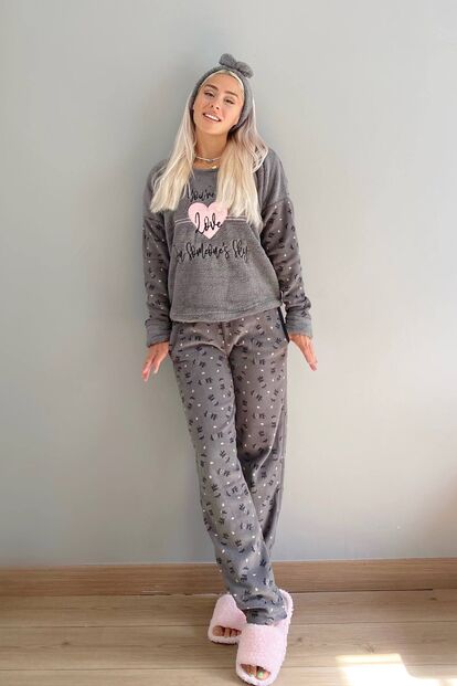You are Love Desenli Kadın Peluş Polar Pijama Takımı - 4