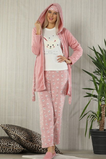 Your Heart Rabbit Desenli Sabahlıklı Peluş Pijama Takımı - 1