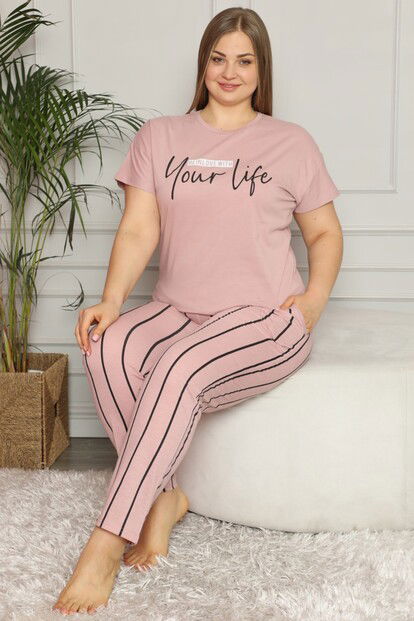 Your Life Baskılı Kısa Kol Büyük Beden Battal Pijama Takımı - 1