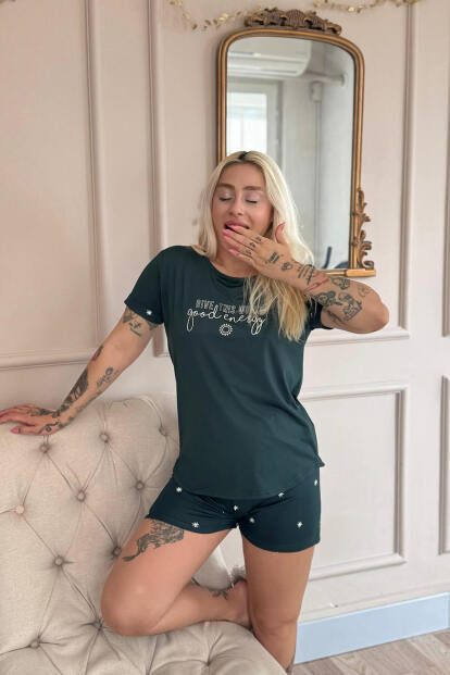 Zümrüt Good Energy Desenli Bambu Kısa Kol Kadın Şortlu Pijama Takımı - 2