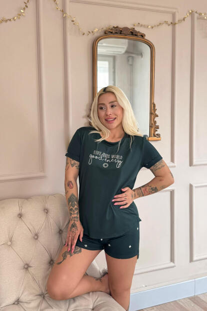 Zümrüt Good Energy Desenli Bambu Kısa Kol Kadın Şortlu Pijama Takımı - 3
