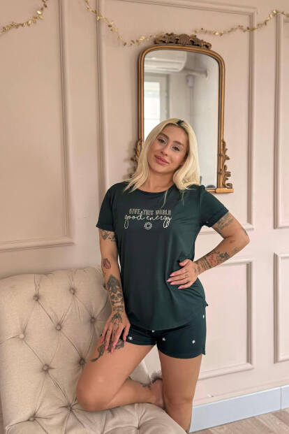 Zümrüt Good Energy Desenli Bambu Kısa Kol Kadın Şortlu Pijama Takımı - 4