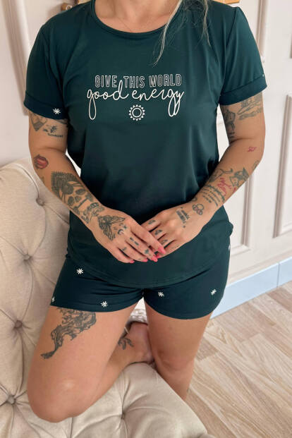Zümrüt Good Energy Desenli Bambu Kısa Kol Kadın Şortlu Pijama Takımı - 5