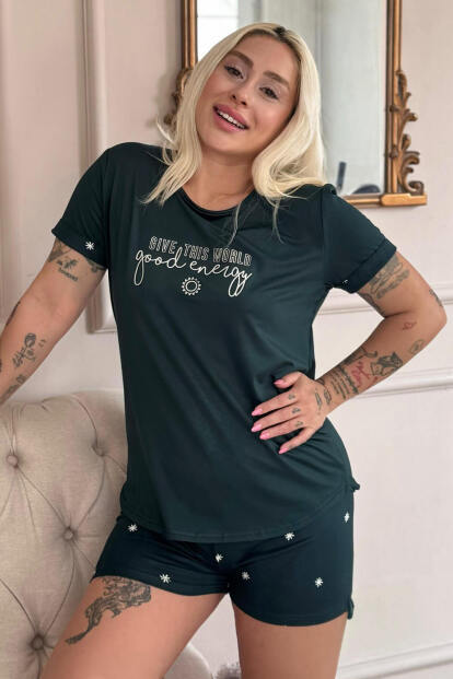Zümrüt Good Energy Desenli Bambu Kısa Kol Kadın Şortlu Pijama Takımı - 6