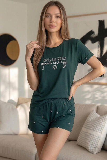 Zümrüt Good Energy Desenli Bambu Kısa Kol Kadın Şortlu Pijama Takımı - 2