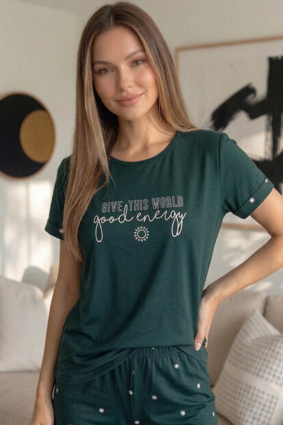 Zümrüt Good Energy Desenli Bambu Kısa Kol Kadın Şortlu Pijama Takımı - 4