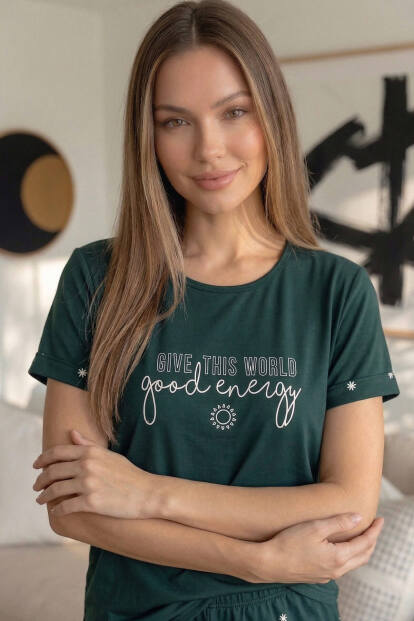 Zümrüt Good Energy Desenli Bambu Kısa Kol Kadın Şortlu Pijama Takımı - 5