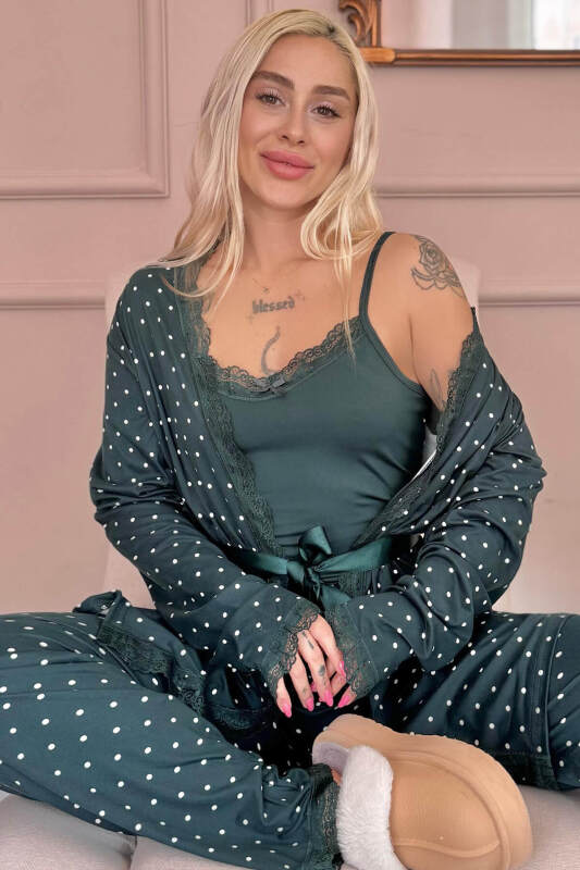Zümrüt Mini Puan Desenli Bambu Sabahlıklı Kadın Pijama Takımı - Pijamaevi