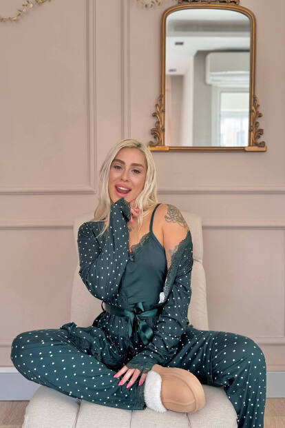 Zümrüt Mini Puan Desenli Bambu Sabahlıklı Kadın Pijama Takımı - 2