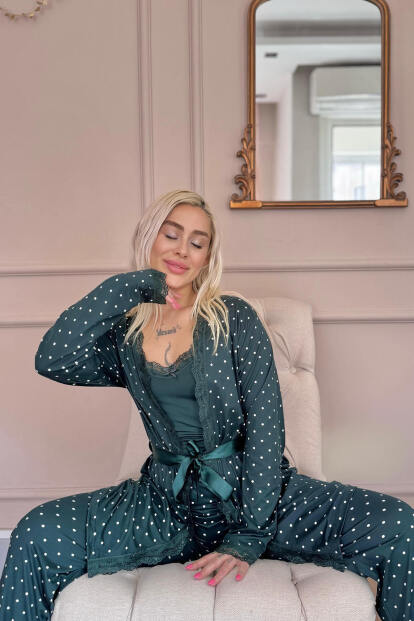 Zümrüt Mini Puan Desenli Bambu Sabahlıklı Kadın Pijama Takımı - 3
