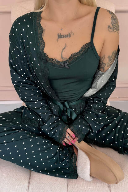 Zümrüt Mini Puan Desenli Bambu Sabahlıklı Kadın Pijama Takımı - 5