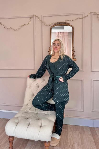 Zümrüt Mini Puan Desenli Bambu Sabahlıklı Kadın Pijama Takımı - 6
