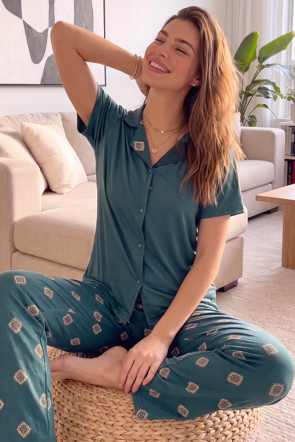 Zümrüt Mozaik Exclusive Önden Düğmeli Kadın Pijama Takımı - Pijamaevi