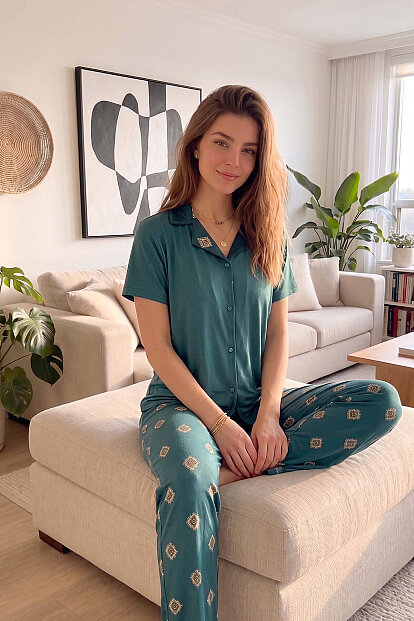 Zümrüt Mozaik Exclusive Önden Düğmeli Kadın Pijama Takımı - 4