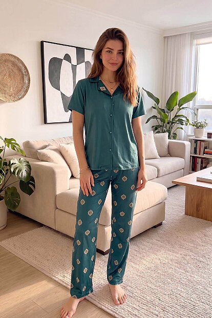 Zümrüt Mozaik Exclusive Önden Düğmeli Kadın Pijama Takımı - 7