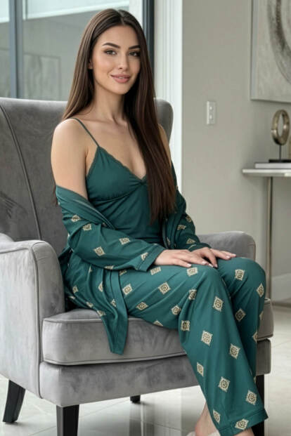 Zümrüt Mozaik Exclusive Örme Sabahlıklı Kadın Pijama Takım 