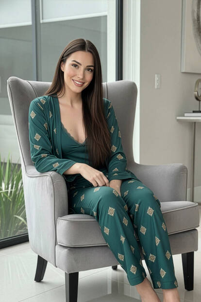 Zümrüt Mozaik Exclusive Örme Sabahlıklı Kadın Pijama Takım - 5
