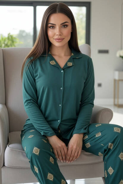 Zümrüt Mozaik Florado Exclusive Önden Düğmeli Uzun Kollu Kadın Pijama Takımı - 1