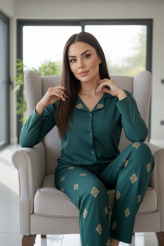 Zümrüt Mozaik Florado Exclusive Önden Düğmeli Uzun Kollu Kadın Pijama Takımı - Pijamaevi (1)