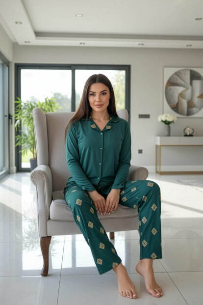 Zümrüt Mozaik Florado Exclusive Önden Düğmeli Uzun Kollu Kadın Pijama Takımı - 5