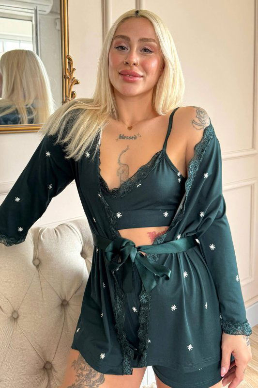 Zümrüt Sunlit Desenli Bambu Crop Sabahlıklı Şortlu Kadın Pijama Takımı - Pijamaevi