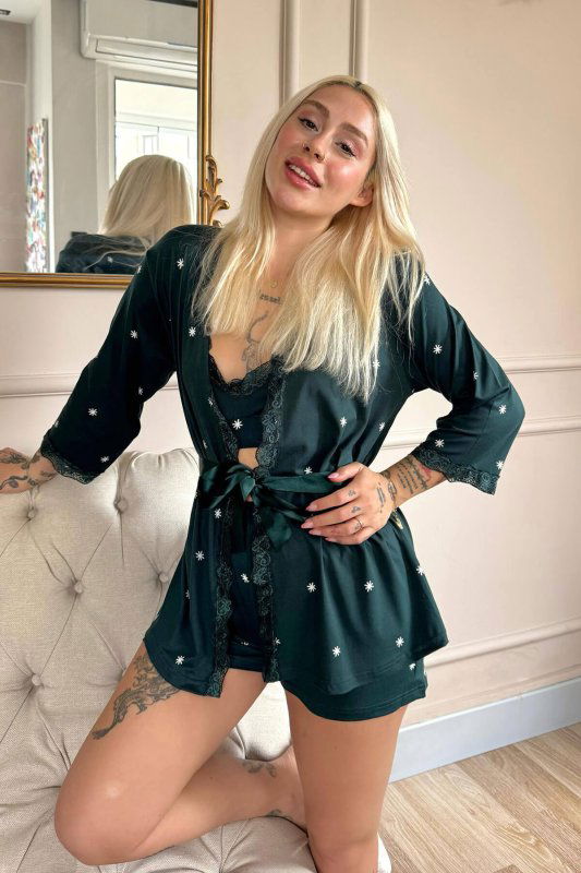 Zümrüt Sunlit Desenli Bambu Crop Sabahlıklı Şortlu Kadın Pijama Takımı - Pijamaevi (1)