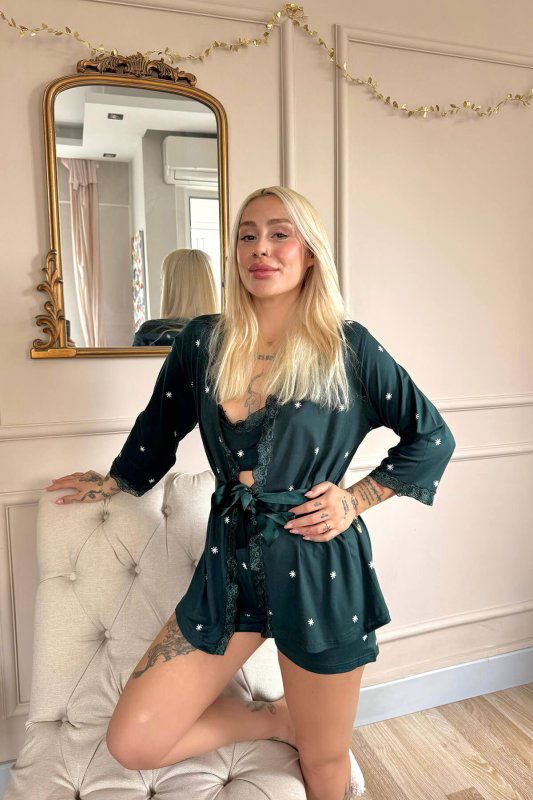 Zümrüt Sunlit Desenli Bambu Crop Sabahlıklı Şortlu Kadın Pijama Takımı - Pijamaevi (2)