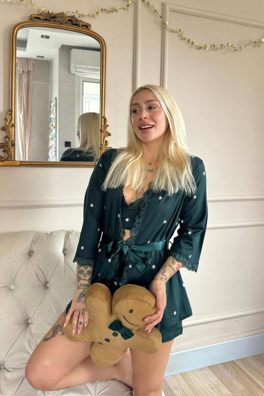 Zümrüt Sunlit Desenli Bambu Crop Sabahlıklı Şortlu Kadın Pijama Takımı - Pijamaevi (3)