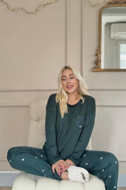 Zümrüt Sunlit Desenli Bambu Uzun Kol Kadın Pijama Takımı - 3