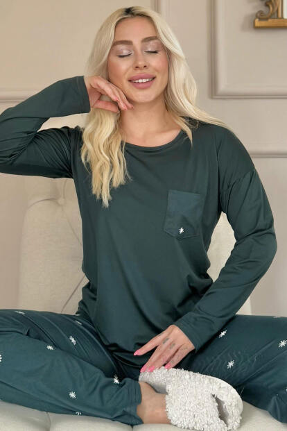 Zümrüt Sunlit Desenli Bambu Uzun Kol Kadın Pijama Takımı - 7
