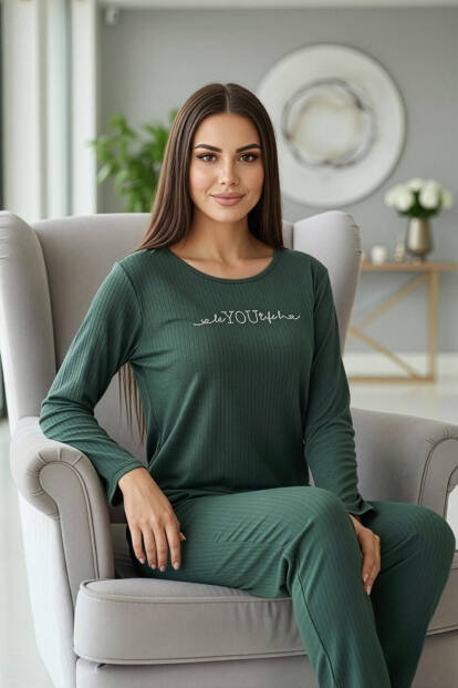 Zümrüt You Desenli Uzun Kollu Dublin Örme Kadın Pijama Takımı - 2