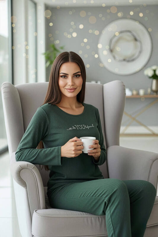 Zümrüt You Desenli Uzun Kollu Dublin Örme Kadın Pijama Takımı - Pijamaevi (2)