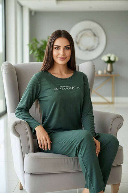 Zümrüt You Desenli Uzun Kollu Dublin Örme Kadın Pijama Takımı - 4
