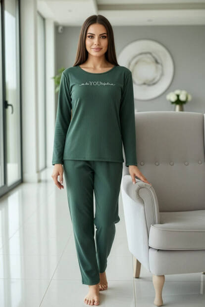 Zümrüt You Desenli Uzun Kollu Dublin Örme Kadın Pijama Takımı - 5